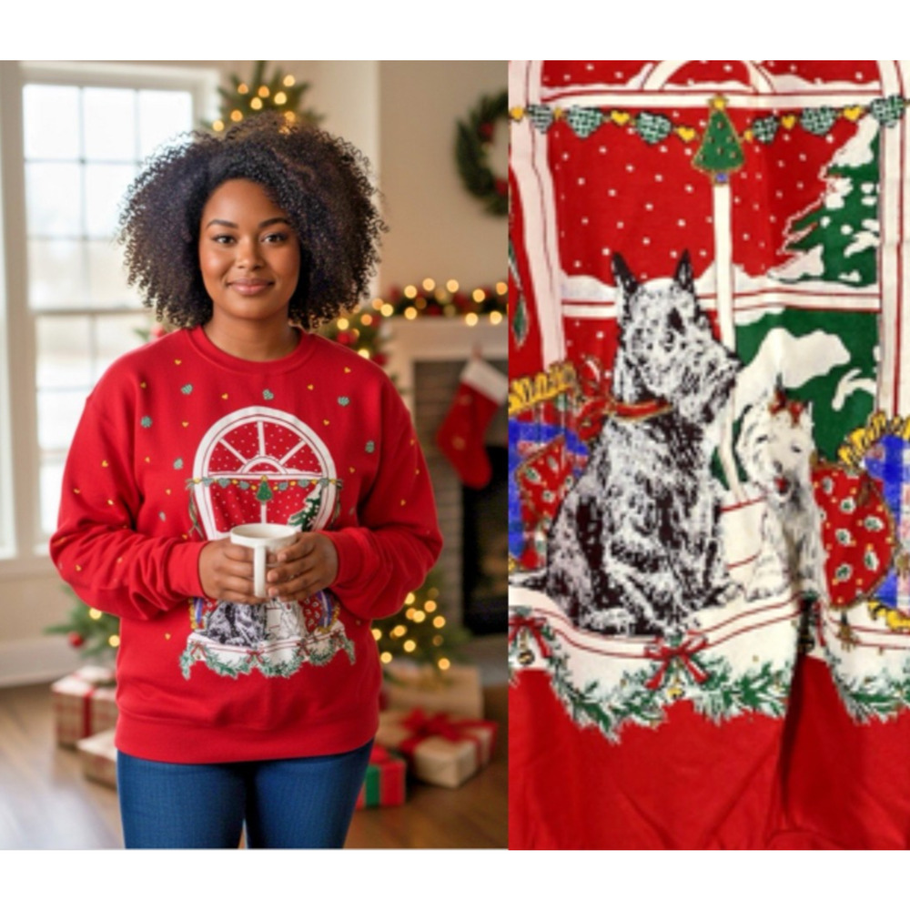 Christmas Sweatshirt Scottie Scotty Dog Terrier Vintage Womens XL Crewneck Red